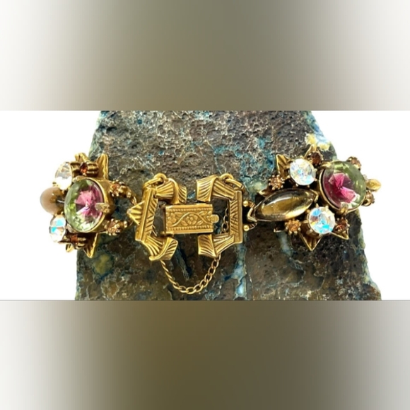 Florenza Watermelon Glass AB Rhinestones Link Signed Vintage 1960's Bracelet - Picture 3 of 16